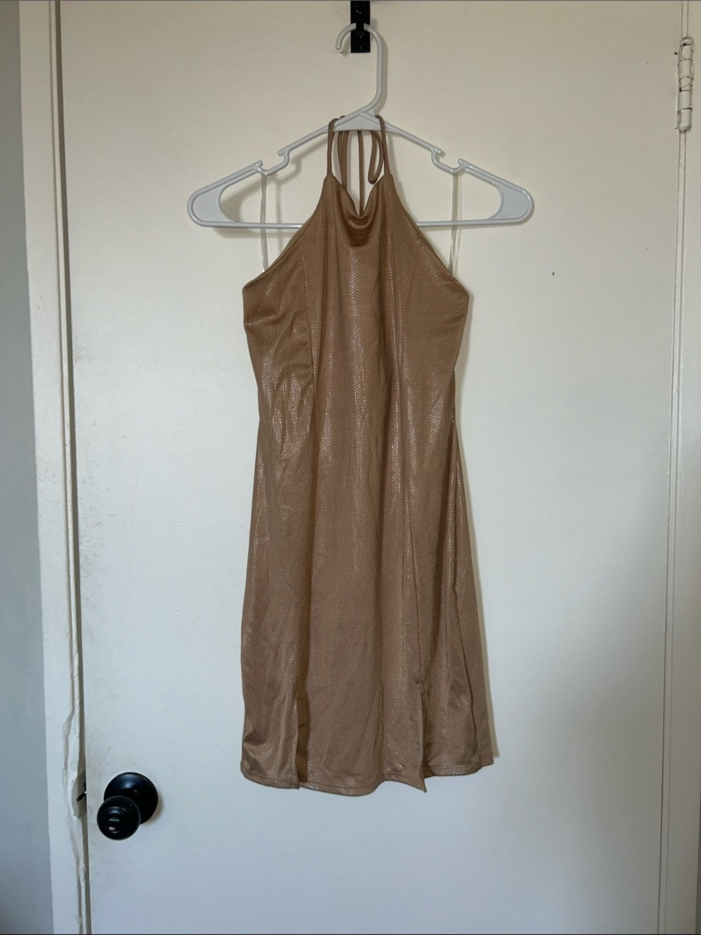 Shimmering Halter Mini Dress in Tan